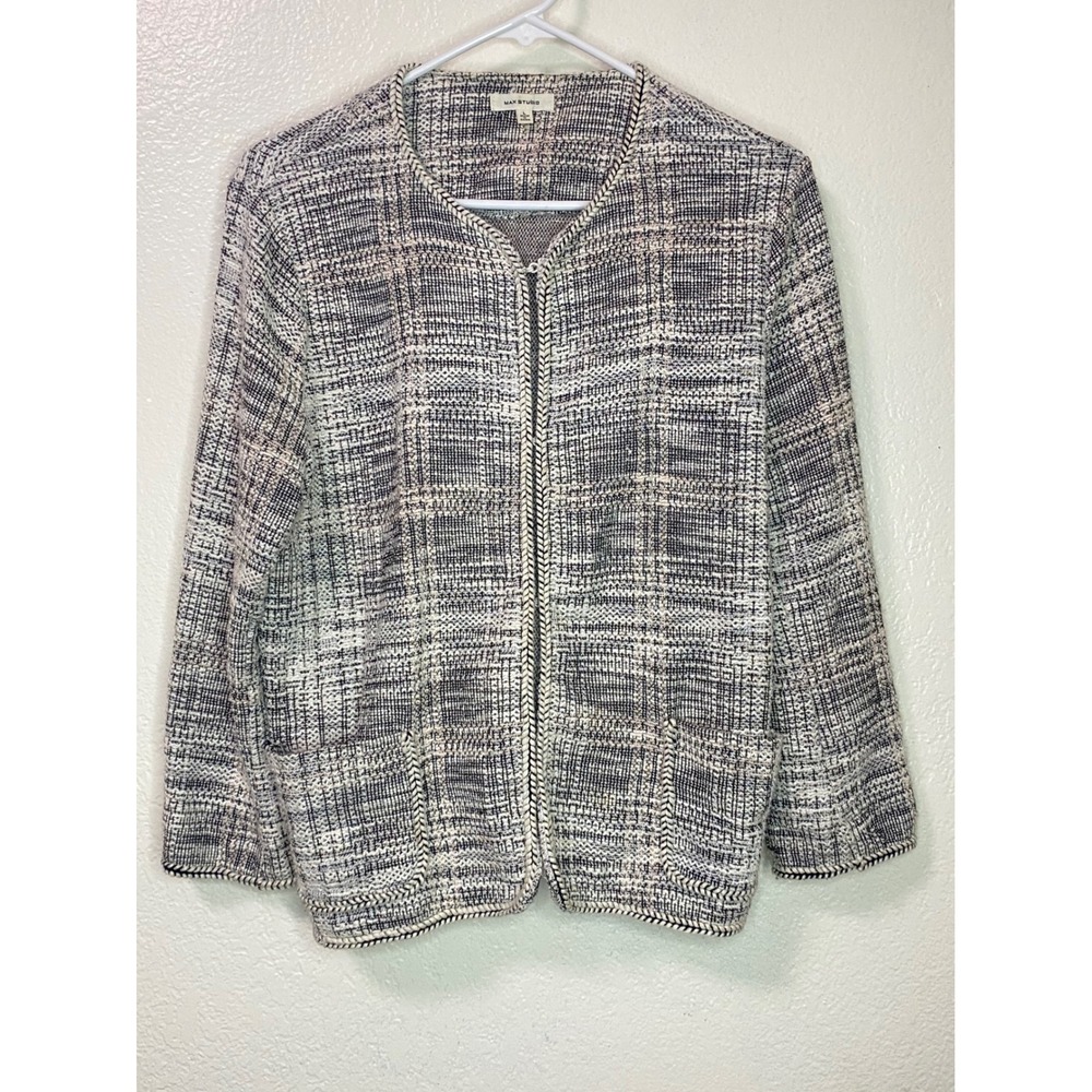 Max Studio Tweed Knit Cardigan Jacket Braided Trim Large Classic Chic